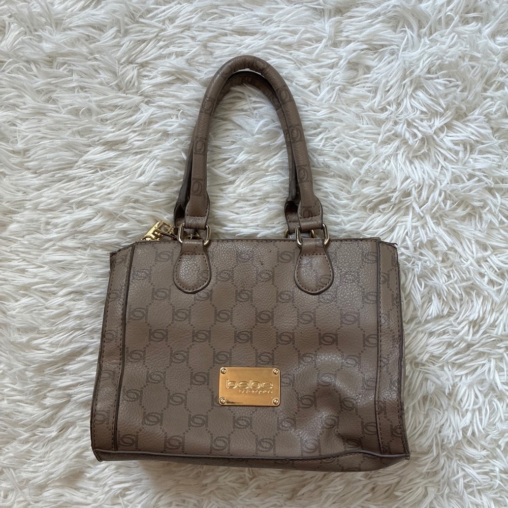 Y2K Bebe Los Angeles Monogram Satchel Handbag Taupe Gold Logo Leather Purse